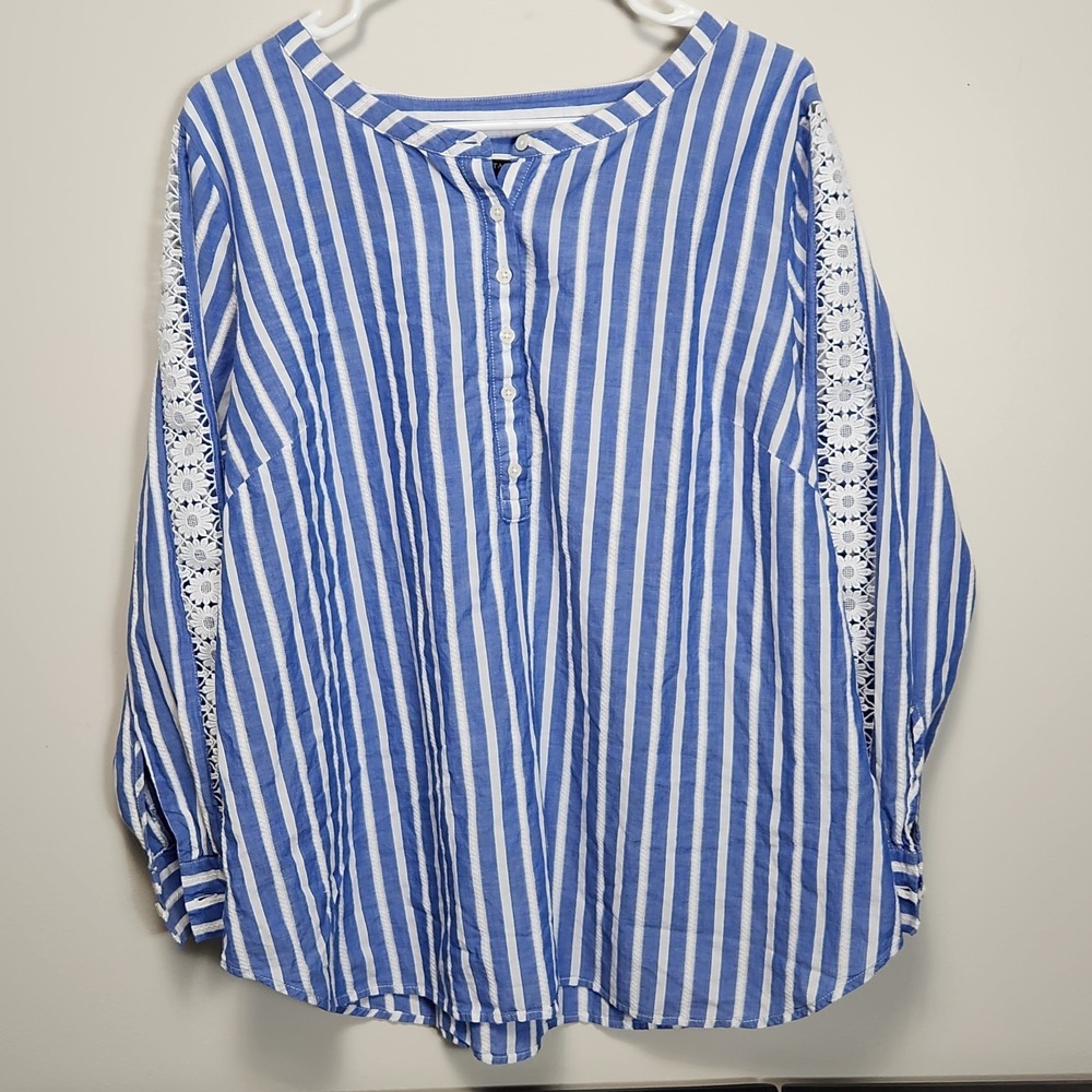 Talbots Blue White Stripe Floral Crochet Lace Sleeve Sunflower Top Women 2X